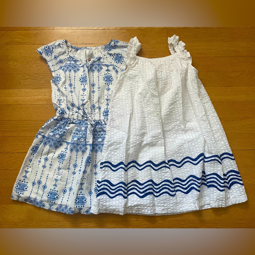 Two girls blue and white summer dresses, size 5&6